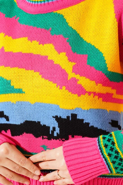 Karışık Desen Triko Kazak Fuşya - 4