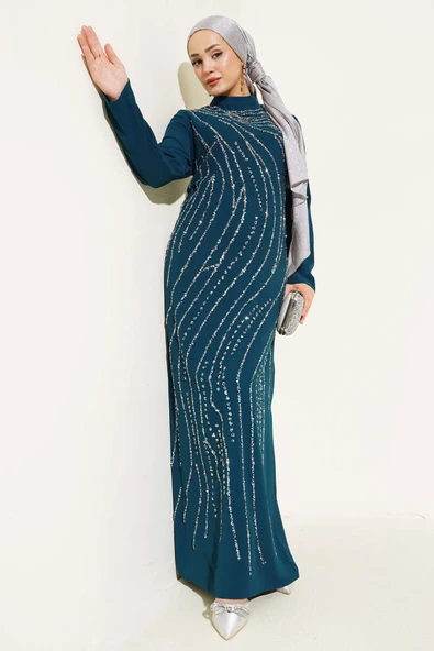 Taşlı Büyük Beden Abiye Elbise Petrol ürün görseli 1