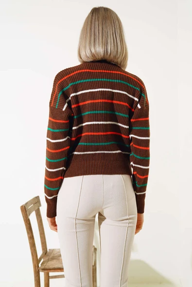 Renkli Çizgili Triko Crop Kazak Kahve - 3