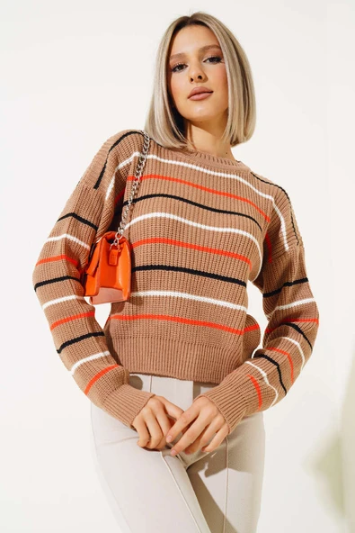 Renkli Çizgili Triko Crop Kazak Büsküvi - 2