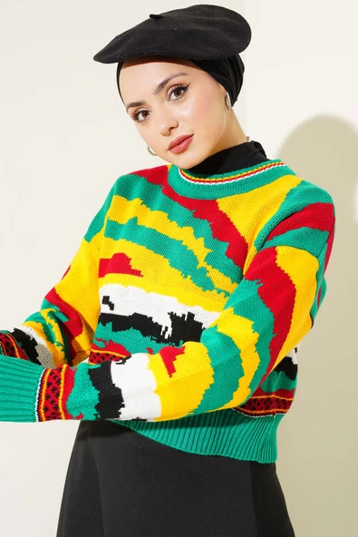 Karışık Desen Triko Kazak Zümrüt - 2