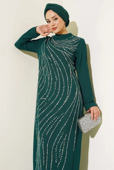 Taşlı Büyük Beden Abiye Elbise Zümrüt - Resim 2