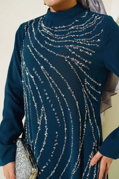 Taşlı Büyük Beden Abiye Elbise Petrol - Resim 4