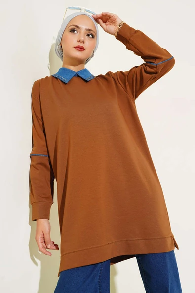 Yaka Taşlı İki İplik Tunik Taba ürün görseli