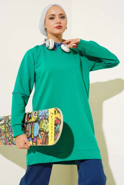 Yaka Taşlı İki İplik Tunik Yeşil ürün görseli