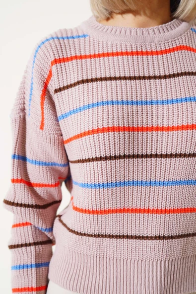 Renkli Çizgili Triko Crop Kazak Pudra - 4