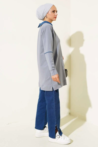 Yaka Taşlı İki İplik Tunik Kayrak Grisi - Resim 3