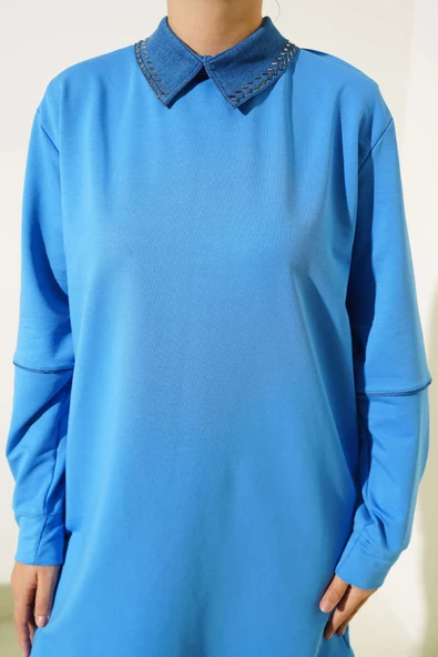 Yaka Taşlı İki İplik Tunik Mavi - Resim 4