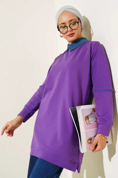 Yaka Taşlı İki İplik Tunik Menekşe ürün görseli