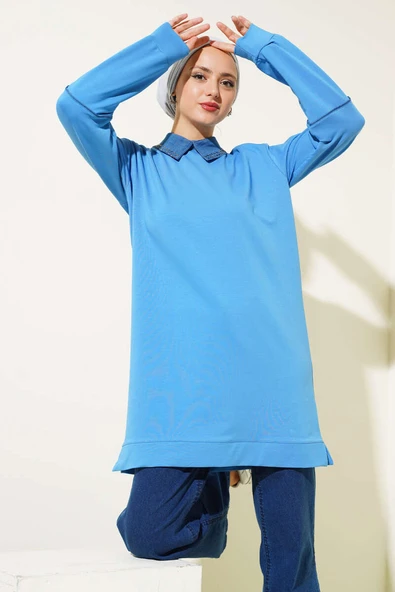 Yaka Taşlı İki İplik Tunik Mavi ürün görseli
