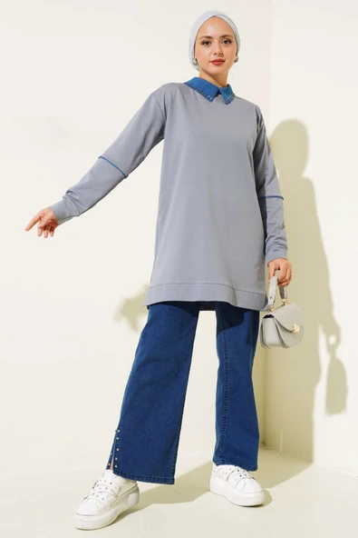 Yaka Taşlı İki İplik Tunik Kayrak Grisi - Resim 2