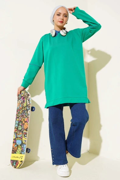 Yaka Taşlı İki İplik Tunik Yeşil - Resim 2