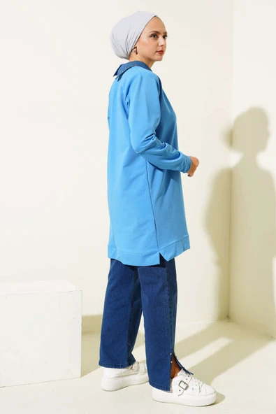 Yaka Taşlı İki İplik Tunik Mavi - Resim 3