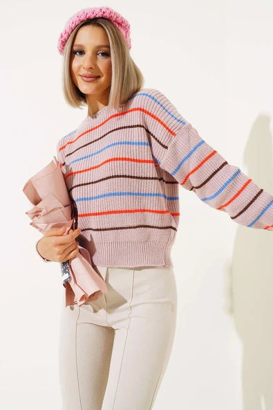 Renkli Çizgili Triko Crop Kazak Pudra - 2