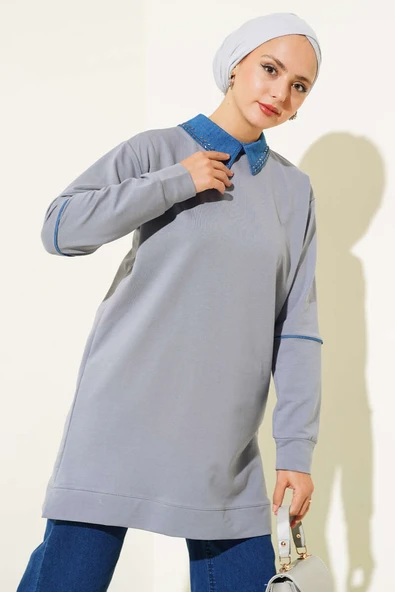 Yaka Taşlı İki İplik Tunik Kayrak Grisi ürün görseli