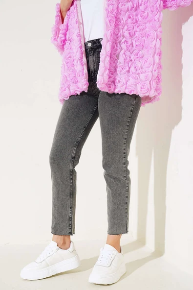 Yüksek Bel Boru Paça Kot Pantolon Füme - Resim 2