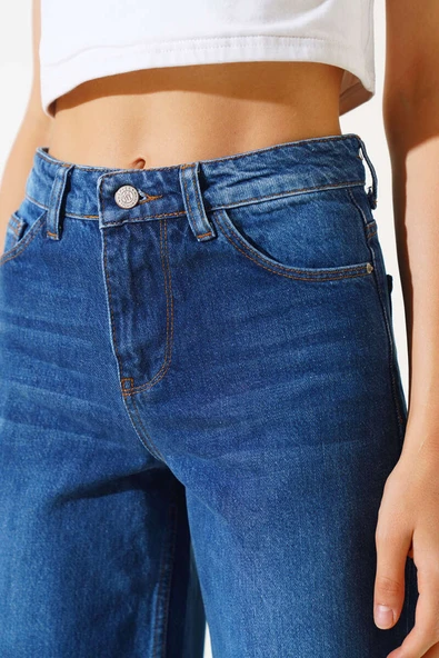 Yüksek Belli Palazzo Kot Pantolon Mavi - Resim 4