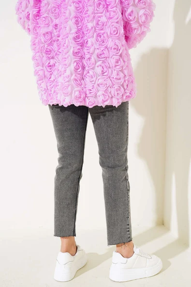 Yüksek Bel Boru Paça Kot Pantolon Füme - Resim 3