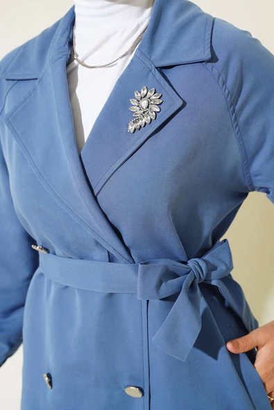 Yaka Taşlı Astarlı Trençkot İndigo - Resim 4