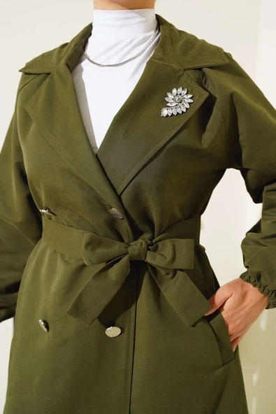 Yaka Taşlı Astarlı Trençkot Haki - Resim 4