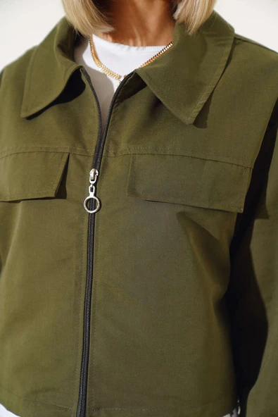 Cep Kapaklı Fermuarlı Kısa Ceket Haki - Resim 4