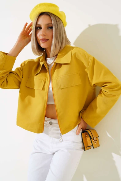 Cep Kapaklı Fermuarlı Kısa Ceket Yağ Yeşili ürün görseli 1