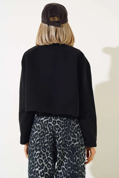 Cep Kapaklı Fermuarlı Kısa Ceket Siyah - Resim 3