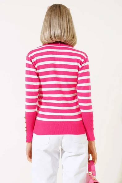 Çizgili Kol Düğme Detaylı Triko Kazak Fuşya - 3