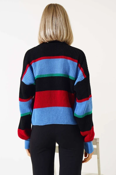 Renkli Kalın Çizgili Triko Crop Kazak İndigo - 3