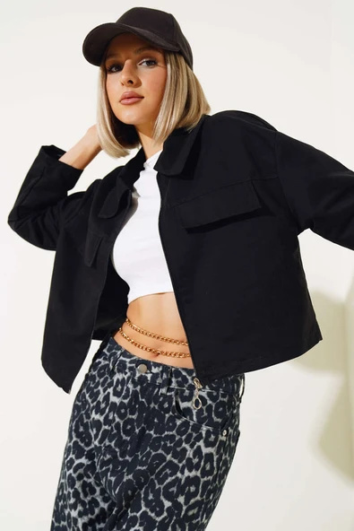 Cep Kapaklı Fermuarlı Kısa Ceket Siyah ürün görseli 1