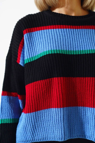 Renkli Kalın Çizgili Triko Crop Kazak İndigo - 4