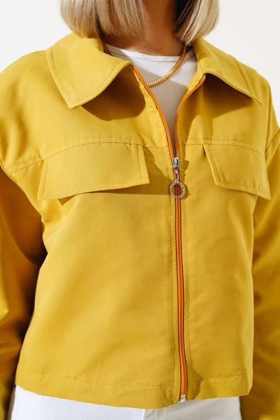 Cep Kapaklı Fermuarlı Kısa Ceket Yağ Yeşili - Resim 4