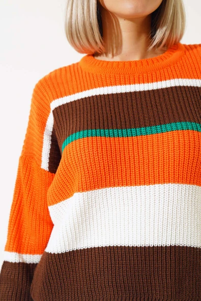 Renkli Kalın Çizgili Triko Crop Kazak Kahve - 4