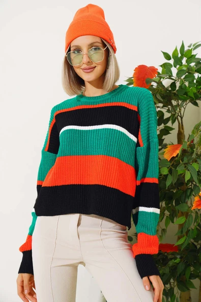 Renkli Kalın Çizgili Triko Crop Kazak Zümrüt - 2