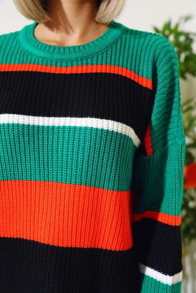 Renkli Kalın Çizgili Triko Crop Kazak Zümrüt - 4