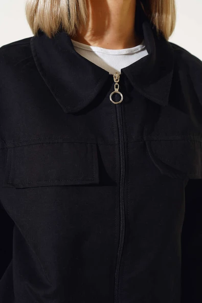Cep Kapaklı Fermuarlı Kısa Ceket Siyah - Resim 4
