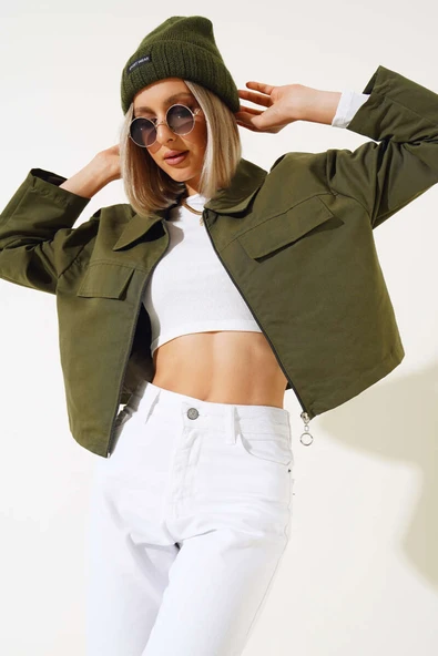 Cep Kapaklı Fermuarlı Kısa Ceket Haki ürün görseli 1