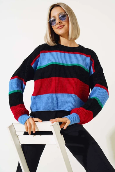 Renkli Kalın Çizgili Triko Crop Kazak İndigo - 2