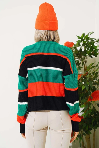 Renkli Kalın Çizgili Triko Crop Kazak Zümrüt - 3