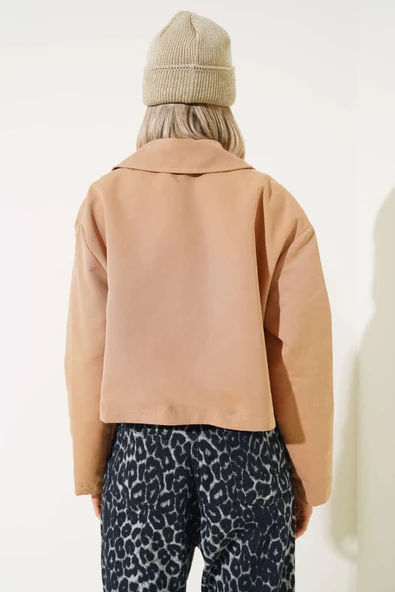 Cep Kapaklı Fermuarlı Kısa Ceket Camel - Resim 3