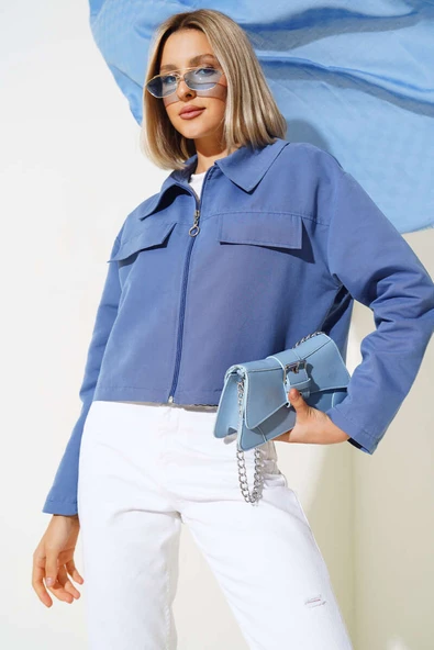 Cep Kapaklı Fermuarlı Kısa Ceket İndigo - Resim 2