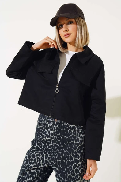 Cep Kapaklı Fermuarlı Kısa Ceket Siyah - Resim 2