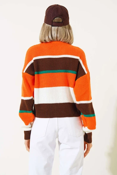 Renkli Kalın Çizgili Triko Crop Kazak Kahve - 3