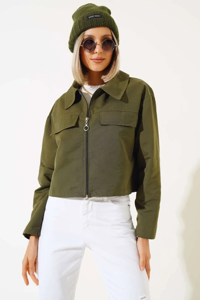 Cep Kapaklı Fermuarlı Kısa Ceket Haki - Resim 2