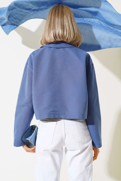 Cep Kapaklı Fermuarlı Kısa Ceket İndigo - Resim 3