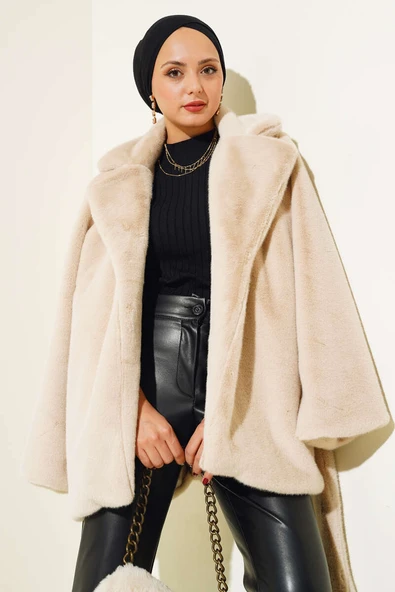 Kuşaklı Peluş Kaban Bej ürün görseli 1