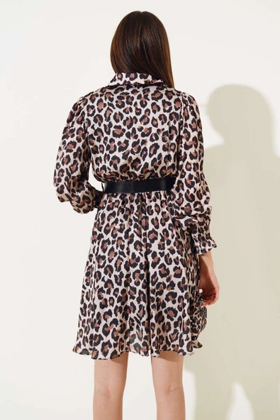 Gömlek Yaka Saten Midi Elbise Leopar - 3