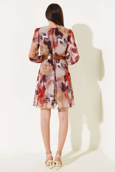 Deri Kemerli Midi Tül Elbise Kahve - 3