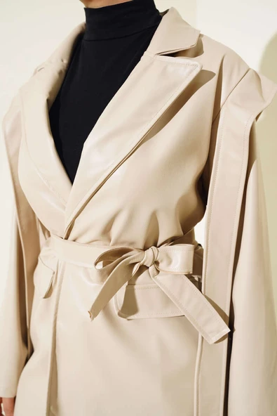 Omuz Pelerinli Deri Ceket Taş - 4