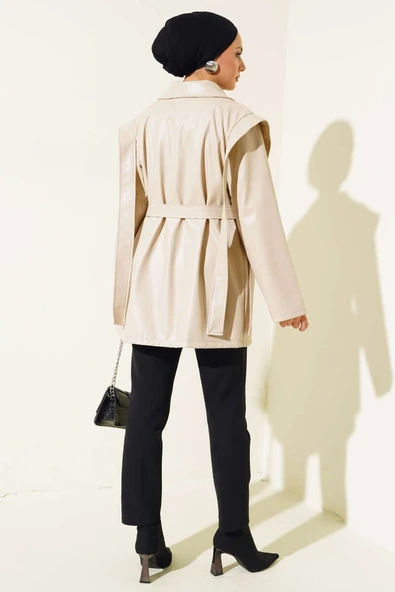 Omuz Pelerinli Deri Ceket Taş - 3